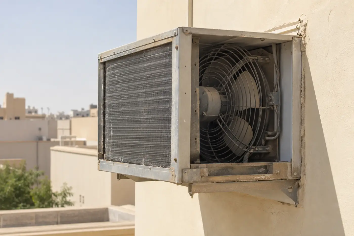 ظهر مكيف شباك من خارج الجدار، يظهر فيه الملف الخلفي والمروحة
