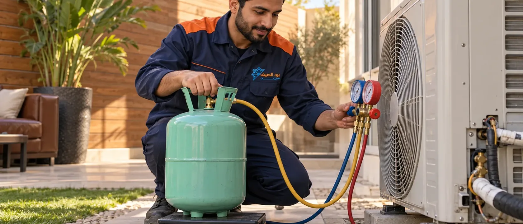 فني يجلس قرب الوحدة الخارجية ويمسك أسطوانة فريون خضراء موصولة بساعات الضغط قبل تعبئة الفريون للمكيفات