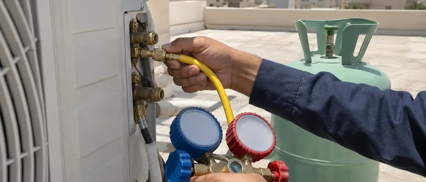 تعبئة فريون المكيف بفني يوصل خرطوم الشحن الأصفر بصمام الوحدة وبجانبه أسطوانة خضراء