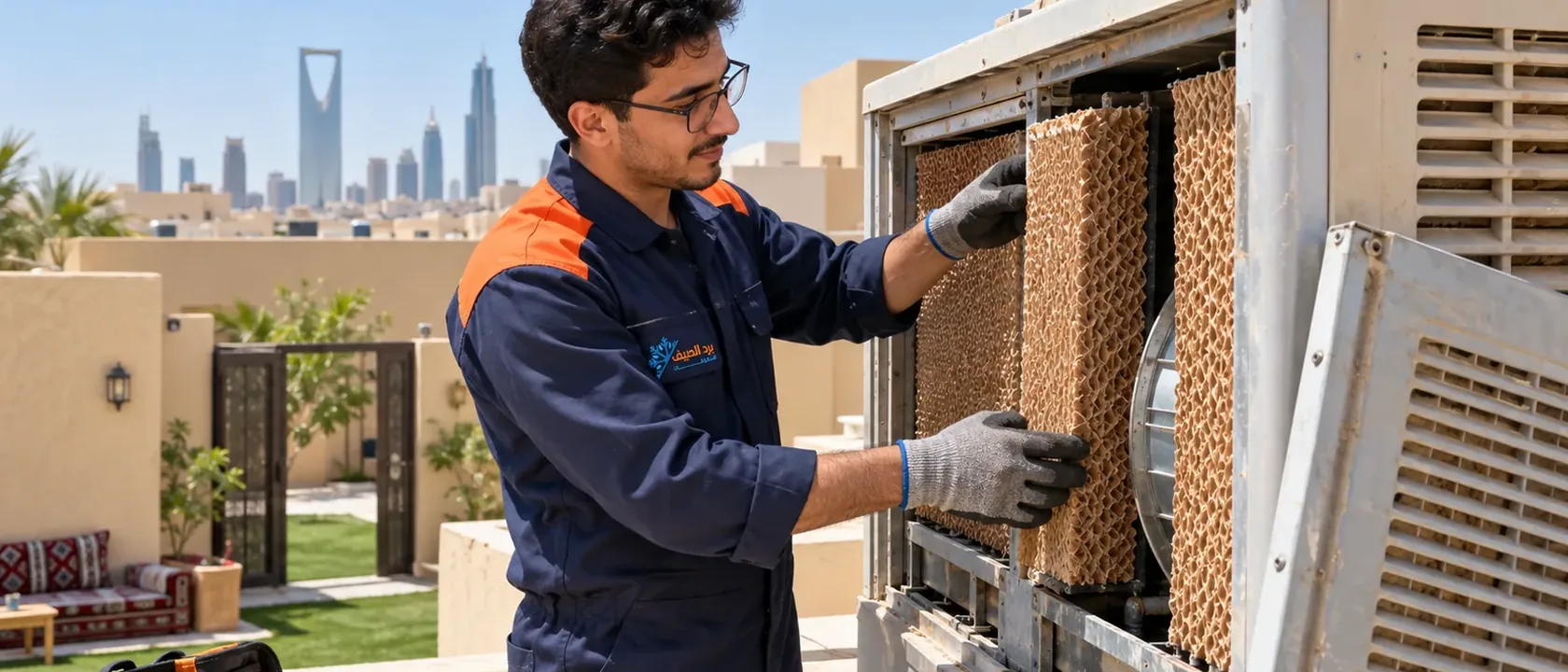 سعر تركيب مكيف يختلف بنوعه مثل المكيف الصحراوي الذي يغير فيه فني ألواح الترطيب