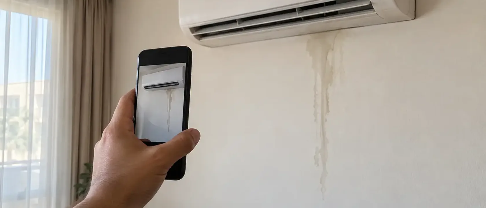 قبل التواصل مع شركات تنظيف المكيفات بالرياض يد تصور بالجوال مكيف سبليت وأثر ماء تحته