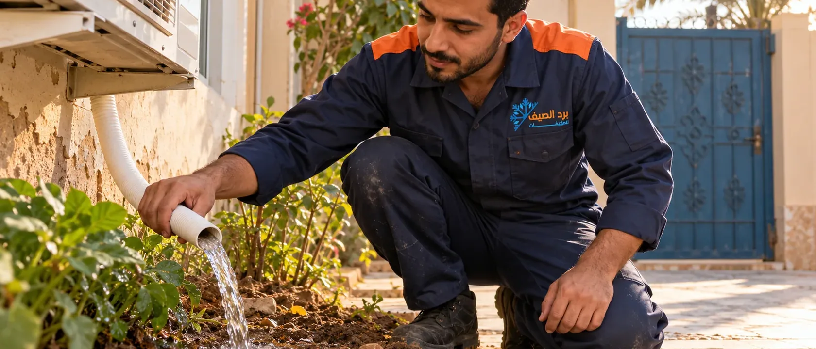 غسيل المكيفات يشمل المجرى وفني بملابس عمل كحلية يفرغ خرطوم التصريف في حديقة فيلا