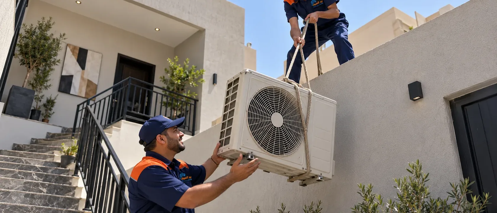 قبل نقل الجهاز إلى ورشة تصليح مكيفات فنيان ينزلان وحدة خارجية بحبل من سطح فيلا